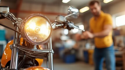 A man in a yellow shirt inspects a motorcycle's mechanics in a garage setting, symbolizing the passion for bikes and the intricate art of maintenance.
