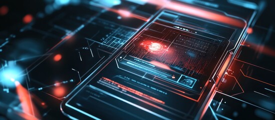 Futuristic digital interface with glowing lines and a red circle on a screen.