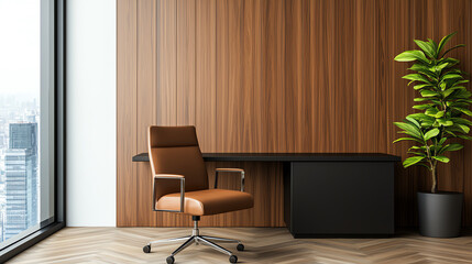 Fototapeta premium Modern office interior design featuring a sleek desk and ergonomic chair in a minimalist setting