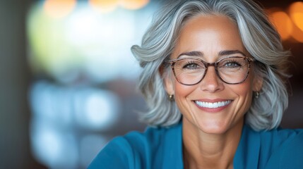 A confident mature woman with gray hair and glasses smiles warmly in a soft-focused cozy environment, embodying wisdom, contentment, and timeless elegance.