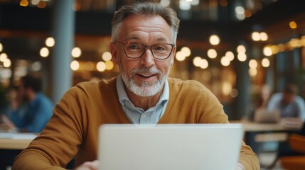 Fototapeta premium A mature man wearing glasses smiles confidently at a laptop in a bustling office, with lights and coworkers around, creating a focused and positive atmosphere.