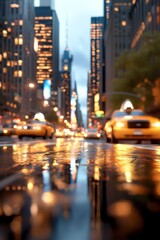 A wet city street creates a reflective surface for taxi lights, capturing the vibrant and busy...