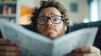 In this humorous image, a man wearing glasses shows an intense and slightly comical expression as he reads papers, reflecting surprise and deep concentration.