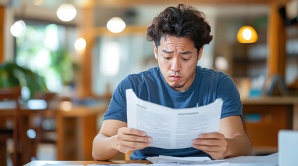 A man with a pensive expression carefully examines paperwork at a wooden table, representing concentration in a tranquil home setting surrounded by nature.