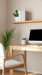 Obraz premium A modern home office setup featuring minimalist design and natural elements for enhanced productivity
