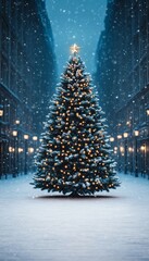 A decorated Christmas tree in a snowy street with glowing lights.