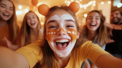 A joyful group of friends with face paint celebrate at a festive event, capturing the essence of connectivity, happiness, and shared experiences among loved ones.