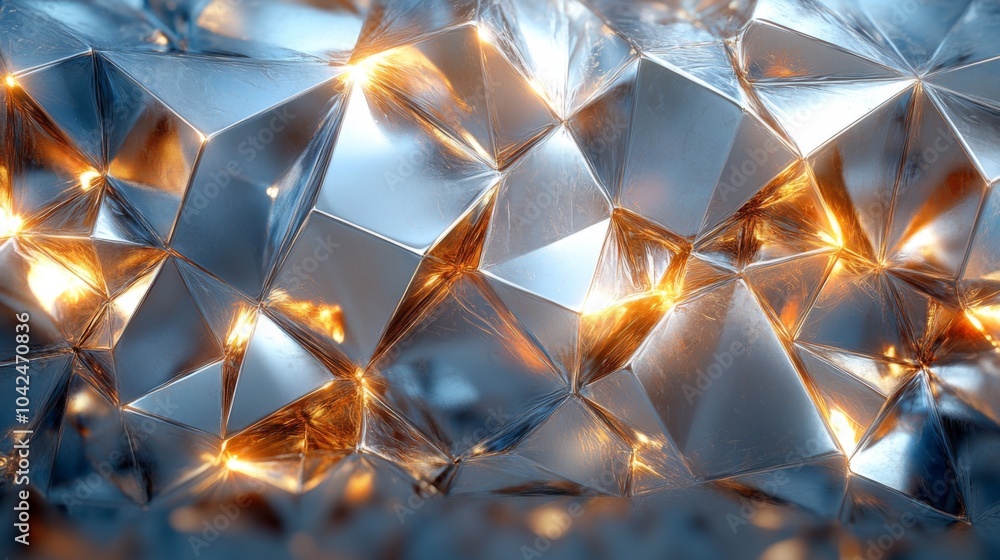 Poster A stunning arrangement of crystalline shapes reflects golden warm light, creating an enchanting interplay of textures and luminosity in an abstract composition.