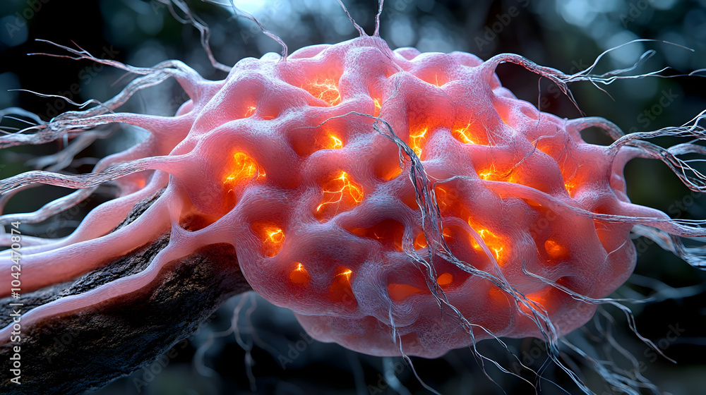 Poster microscopic view of a glowing cell with intricate structures.