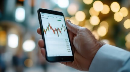 Fototapeta premium A hand is shown holding a smartphone that displays a detailed stock market chart against a backdrop of blurred lights, representing finance and technology.