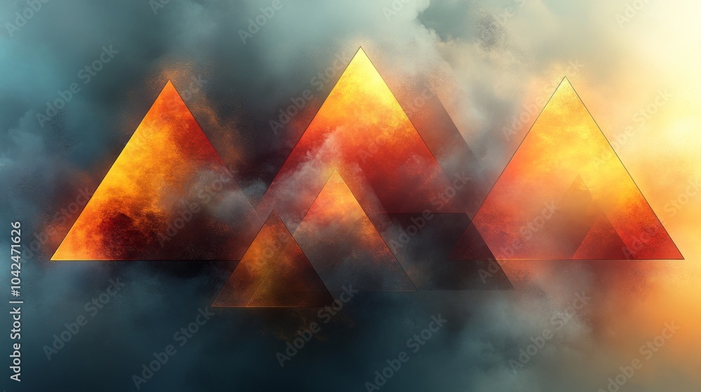 Aufkleber Several triangular shapes glow with fiery colors while surrounded by dense smoke, creating an abstract art piece that evokes a sense of mystery and intensity.