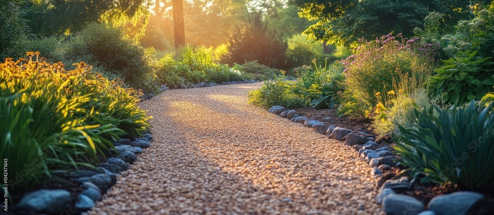Poster a winding gravel path through a lush garden, bathed in the warm glow of the setting sun. the path is
