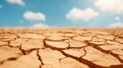 Obraz premium A wide view of a dry, barren landscape featuring cracked soil under a clear blue sky, conveying the sense of aridity and desolation.