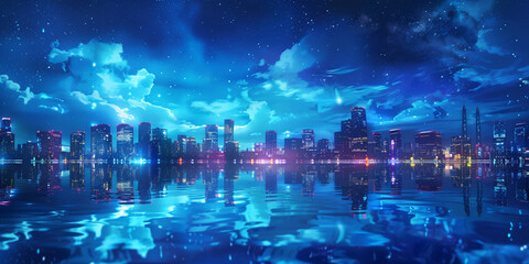 Obraz premium a city skyline with lights reflecting in water at night, Beautiful Nighttime Skyline with Lights Mirrored in Water, 