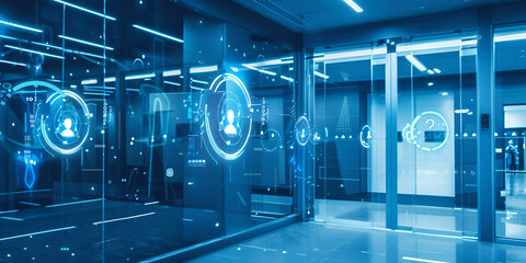 Futuristic Office Lobby with Digital Interface
