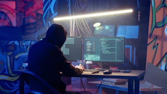 Hooded hacker leaving neon lit underground shelter after launching DDoS attack on websites. Cybercriminal finishing work on script that can crash businesses servers, exiting headquarters, camera B
