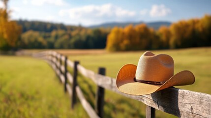 A brown cowboy hat sits atop a rustic wooden fence, surrounded by lush green fields and a backdrop of distant hills under a clear blue sky.