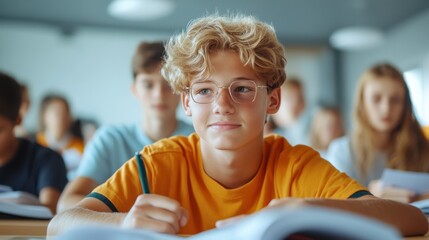 A young student wearing glasses is seated in a classroom, attentively taking notes, actively engaged in the learning process with other students in the background.