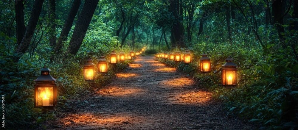 Poster a path lined with lanterns in a dark forest.