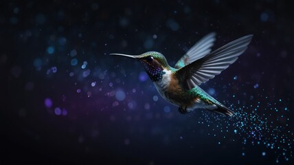 Fototapeta premium A hummingbird in flight with blurred bokeh lights in the background.