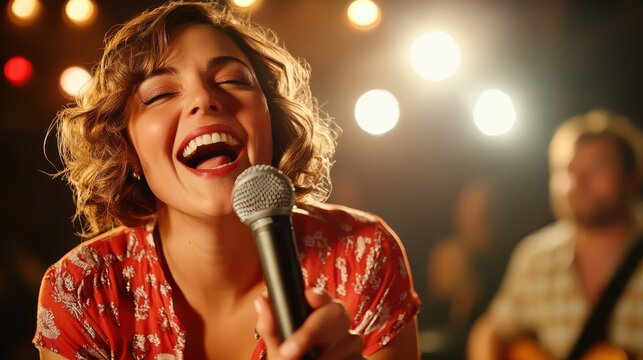 A joyful singer captivates the audience with a powerful performance, holding the microphone in a perfect moment of expressive vocal artistry and charisma.