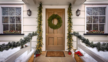 Fototapeta premium Holiday front door, Christmas, ornaments, decorations, swags, wreath, charming, house, home