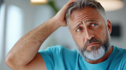Fototapeta premium A gray-haired man with a white beard in a blue shirt holds his head in puzzlement, displaying a moment of confusion or contemplation, indoors.