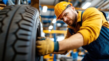 A bearded mechanic in a yellow uniform is focused, adjusting a tire in a well-lit automotive garage, highlighting the intricacies of the car repair industry.