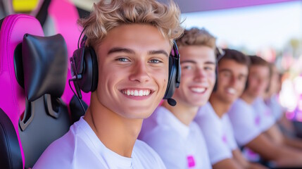 Smiling young gamers in headsets enjoying team competition