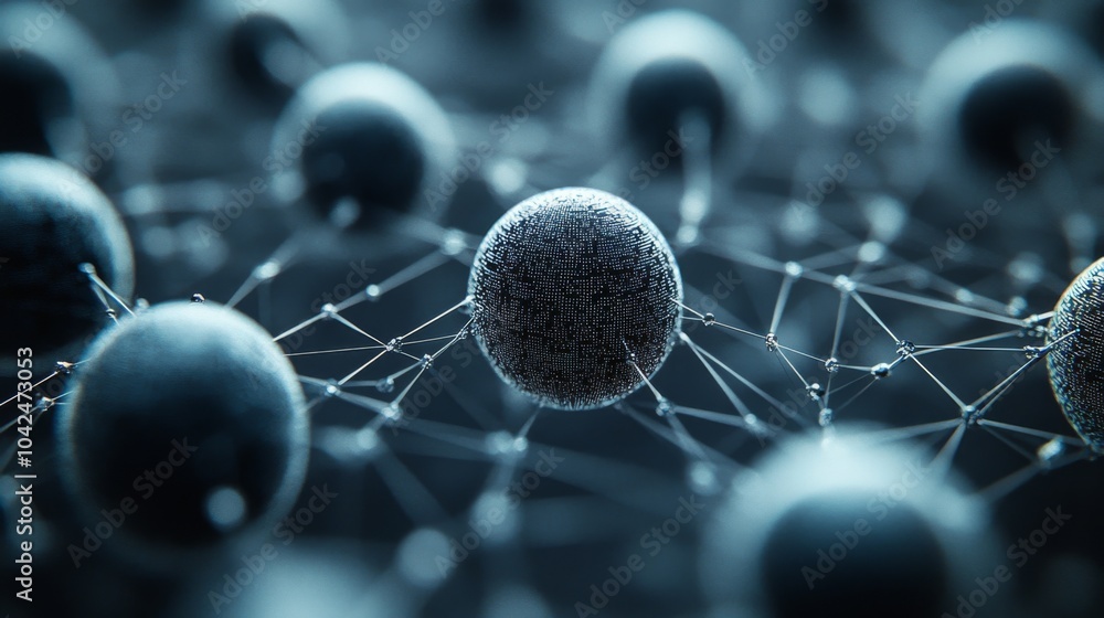 Aufkleber A mesmerizing arrangement of interconnected spheres illustrates a sophisticated digital network. The spheres are vividly highlighted against a dark background, showcasing a complex structure.