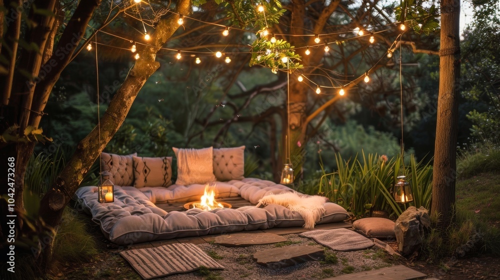 Poster a cushioned outdoor reading nook with soft ling string lights and a crackling fire pit creating a co