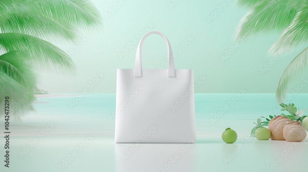 Wall mural elegant white tote bag on tropical beach with lush palms and ocean view