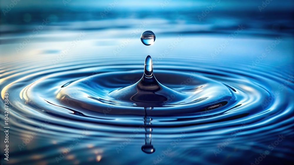 Poster description: low angle view of a raindrop falling on a calm water surface