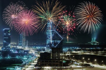 night celebration with bright firework in city