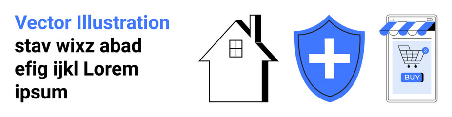 House, shield with a cross, and a storefront icon are depicted with placeholder text. Ideal for home security, online shopping, e-commerce, safety, and digital marketing themes. Banner for landing