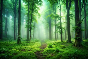 Fototapeta premium Description: Mysterious green woodland with extraterrestrial atmosphere and misty fog