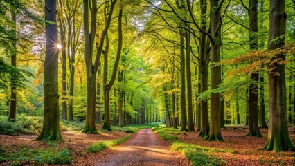 Obraz premium Description: Panoramic view of a woodland walk in the forest in Hampshire, England