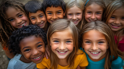 Fototapeta premium Group of smiling children posing together joyfully outdoors.