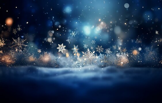 A wintery scene featuring snow, falling snowflakes, and a bokeh effect.