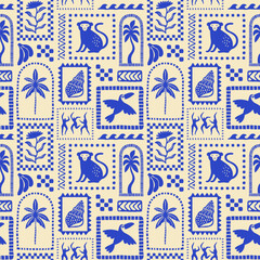 Retro hand drawn tropical summer seamless pattern. Traditional indian tapestry style background illustration. Vintage exotic nature textile print, jungle animal texture with monkey, flower, palm tree.