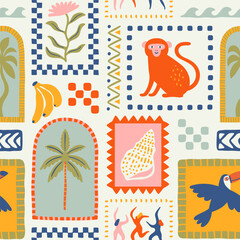 Stoffe zum Nähen Retro hand drawn tropical summer seamless pattern. Traditional indian tapestry style background illustration. Vintage exotic nature textile print, jungle animal texture with monkey, flower, palm tree.