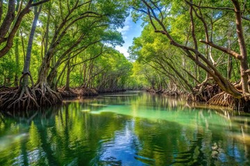 Description: Serene water flows through mangrove forest roots, teeming with life