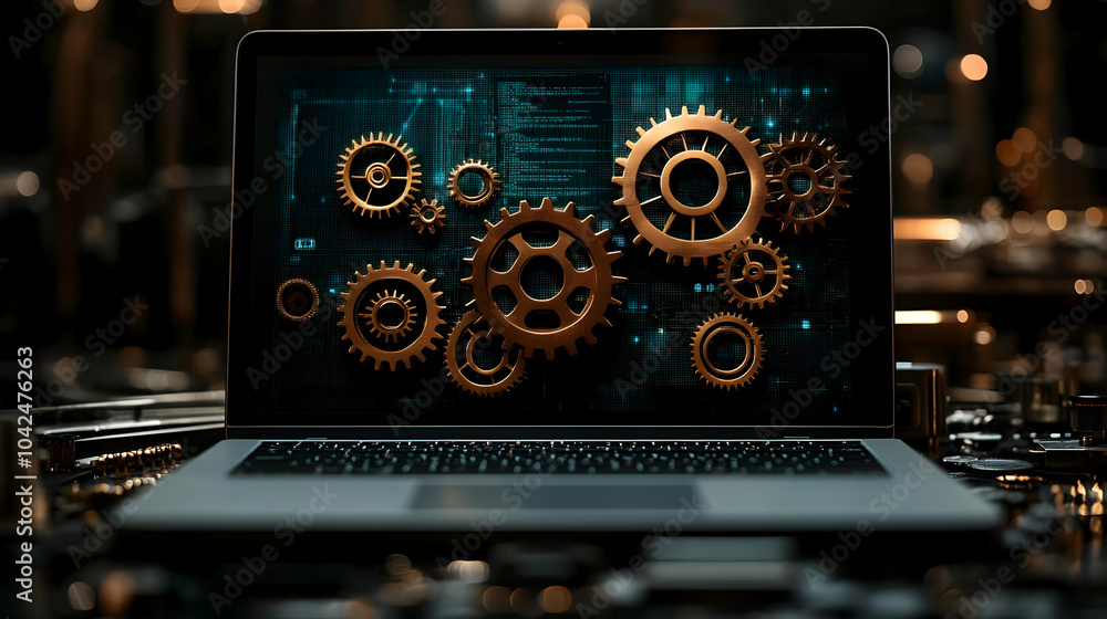 Poster laptop displaying gears and digital code, symbolizing technology.