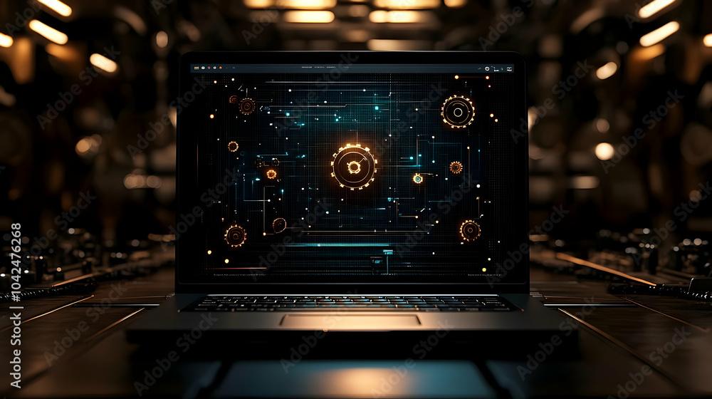 Aufkleber a laptop displaying a futuristic digital interface with gears.