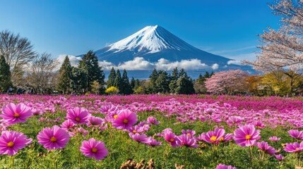 Scenic View of Fuji Mountain with Colorful Cosmos Flowers