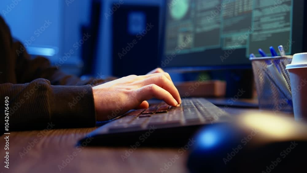 Poster hacker in secret underground shelter typing on keyboard, writing lines of code on computer, trying t
