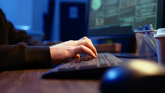 Hacker in secret underground shelter typing on keyboard, writing lines of code on computer, trying to get past security systems with virus. Scammer working on hacking script, camera A close up shot