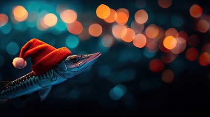 Christmas Background, Fish wearing a Santa hat against a colorful blurred background.