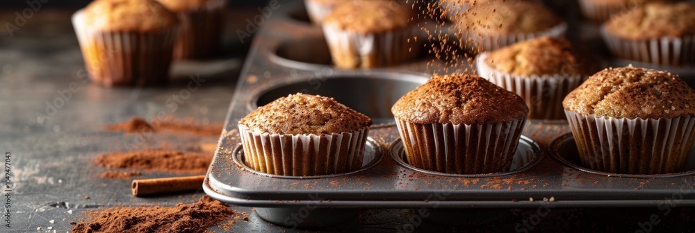 Poster a tray of buckwheat muffins being dusted with a hint of cinnamon adding warmth and depth to their al