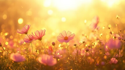 Soft Glow of Pink Flowers in a Golden Field